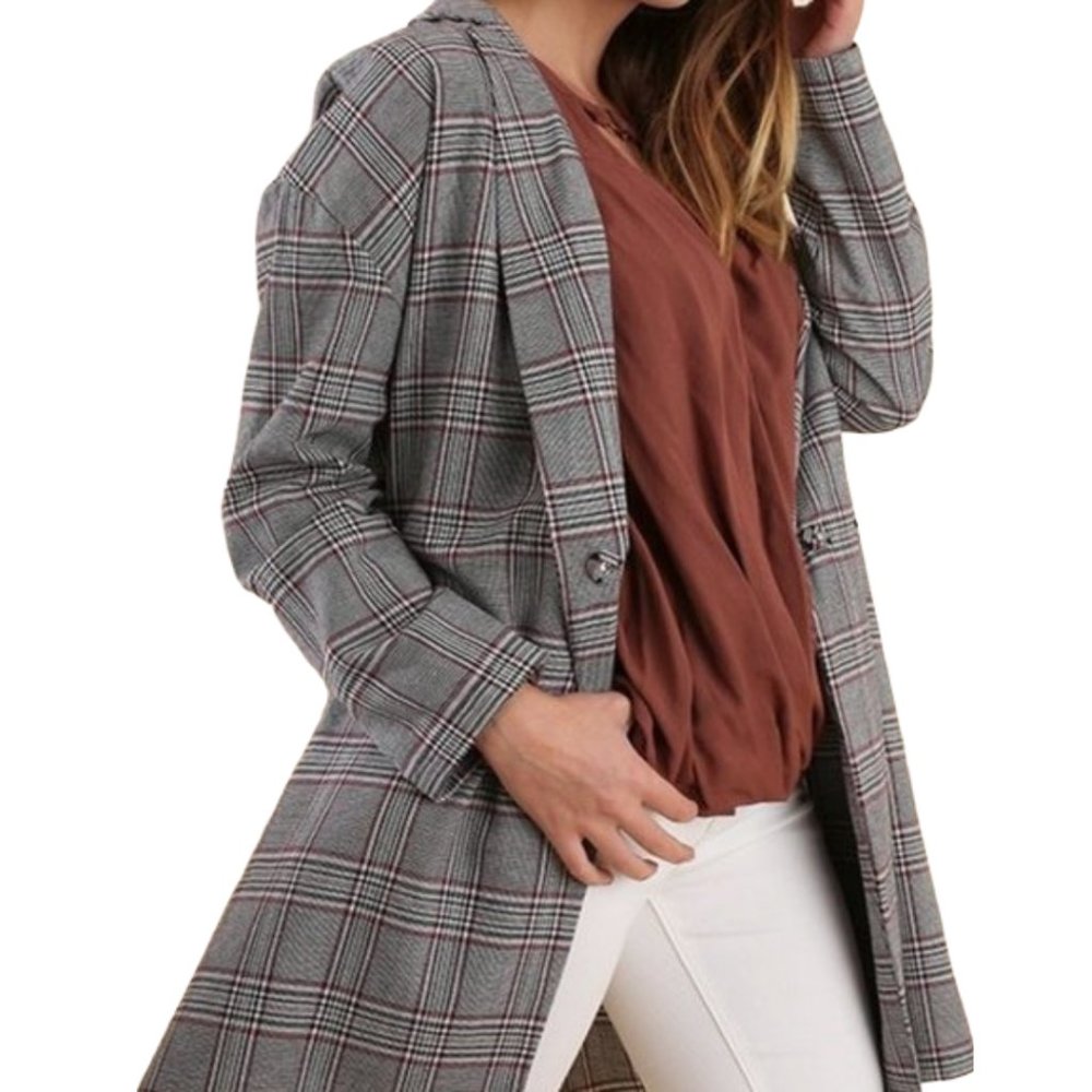 PLAID PRINT DOUBLE BREASTED BLAZER